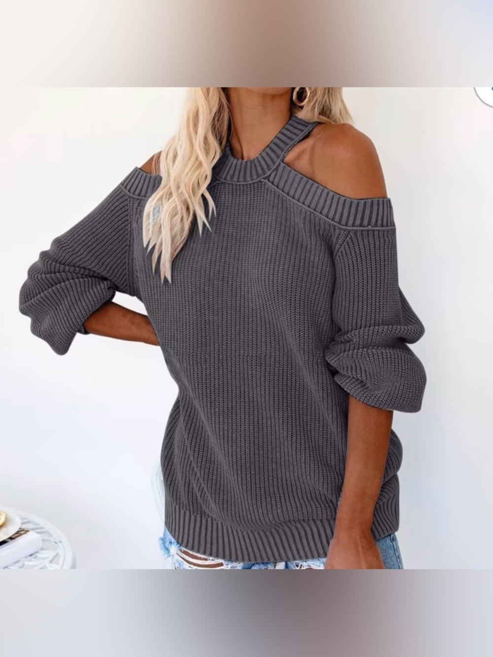 Vici Gray Off-Shoulder Ribbed Sweater